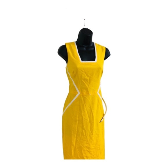 Calvin klein yellow white color block square neck belted sheath dress size 6 new - Picture 10 of 16